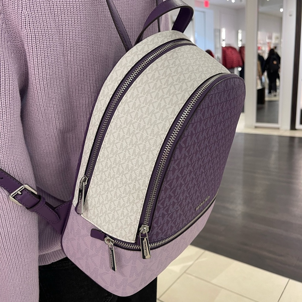 MICHAEL KORS Rhea Medium Zip Color-Block Signature Logo Backpack
Dark Purple MLT - Picture 15 of 16